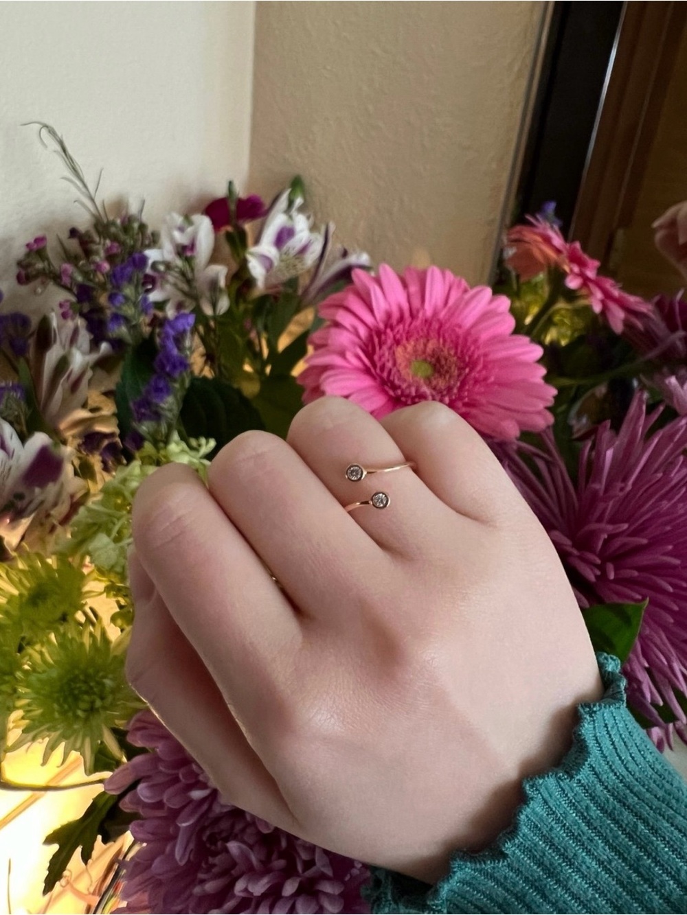 14K Real gold and diamond bezel bypass ring